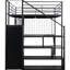 Lit mezzanine double en métal noir avec poste de jeu et de travail intégré, escalier de rangement pour garde-robe pour un divertissement confortable