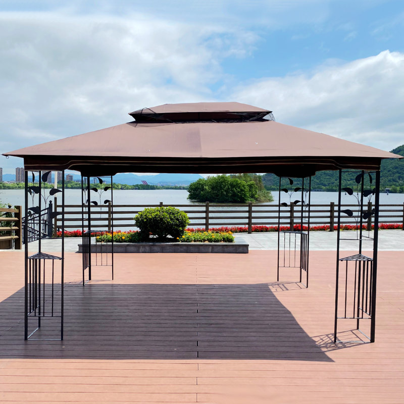 Outdoor Patio with Ventilated Double Roof and Mosquito Net 13 Ft. W x 10 Ft. D Steel Gazebo, Brown