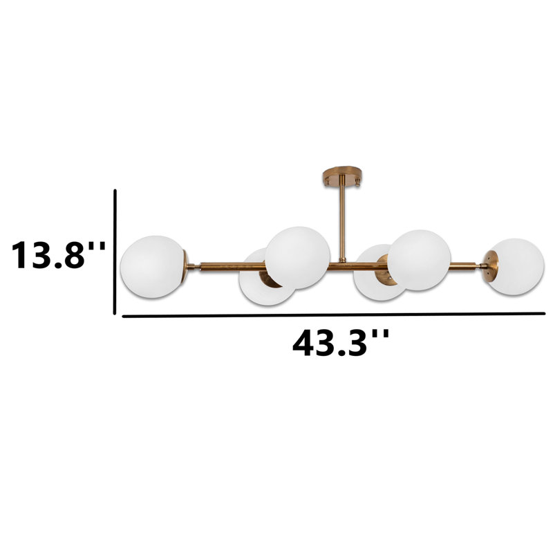Luminaire suspendu linéaire en verre 6 lumières, Blanc, Doré