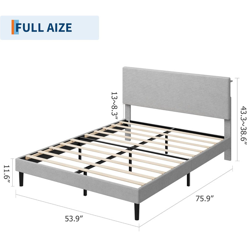 Structure de lit double avec station de charge USB, structure de lit tapissier en velours côtelé avec tête de lit réglable, support de lattes en bois, aucun sommier requis, assemblage facile, gris