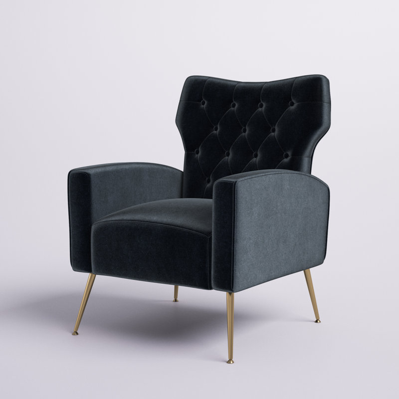 Consolata 37" H Velvet Wingback Chair with Button Tufting and Metal Legs, Black Velvet