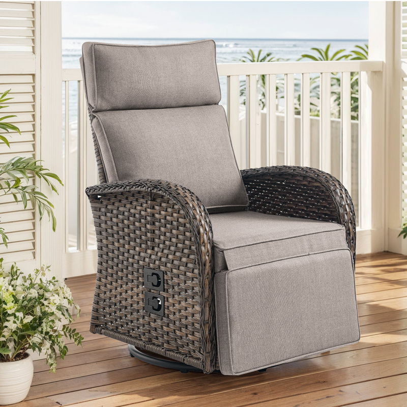 Serita Outdoor All-Weather PE Wicker Adjustable Reclining Lounge Chair With Cushions, Swivel Recliner Chair, Beige, Brown