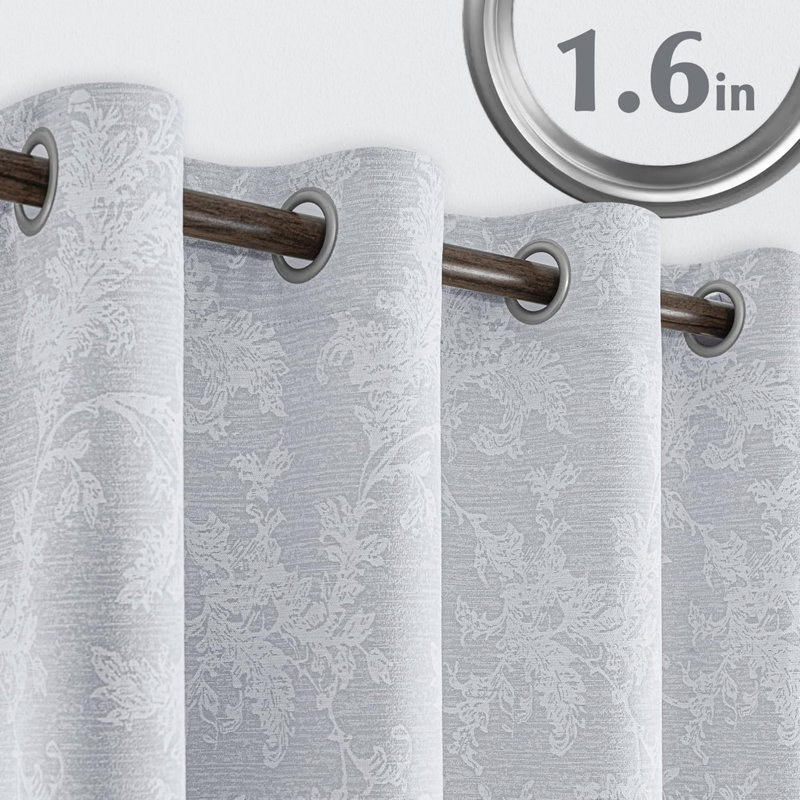 Grey Floral Blackout Curtains 90 inch Scroll Flower Curtains 2 Panels