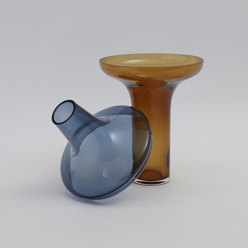 Low Amber Over Cobalt Vase, 16" H x 9" W x 9" D