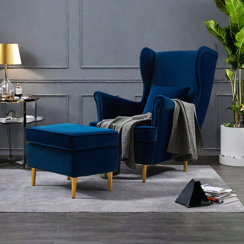 Mohrle Modern Single Living Room Ergonomic Recliner, Dark Blue Polyester Blend, Gold