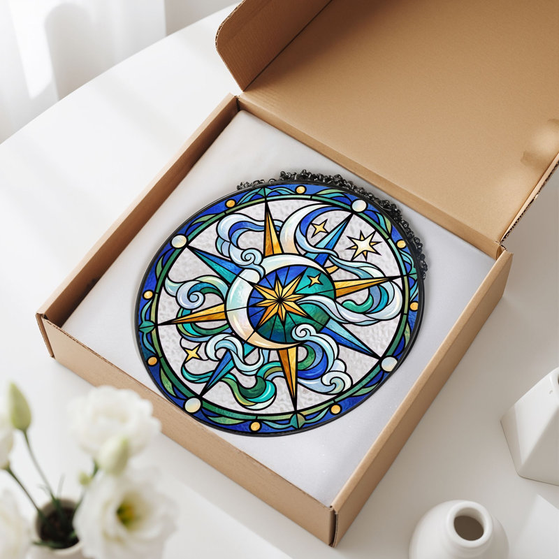 Celestial Compass Stained Glass Window Panel，12"H, 12"H