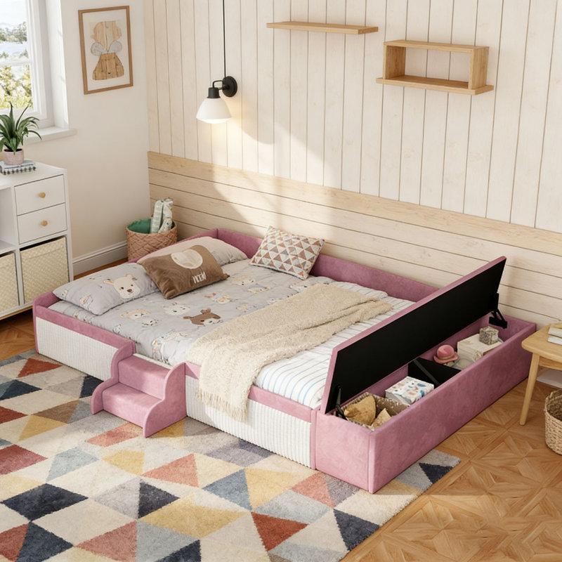 Lit de jour rembourré en velours avec escalier, repose-pieds avec vérin à gaz, Très grand lit, Rose et blanc