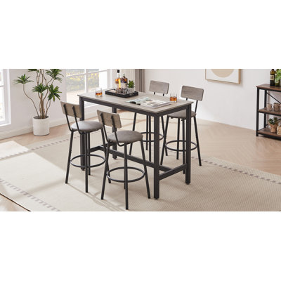 5-Piece Modern Bar Table Set with 4 PU Leather Stools Grey Soft Cushion Seats & Backrests Sturdy Metal Frame Space-Saving Design for Kitchen, Dining &