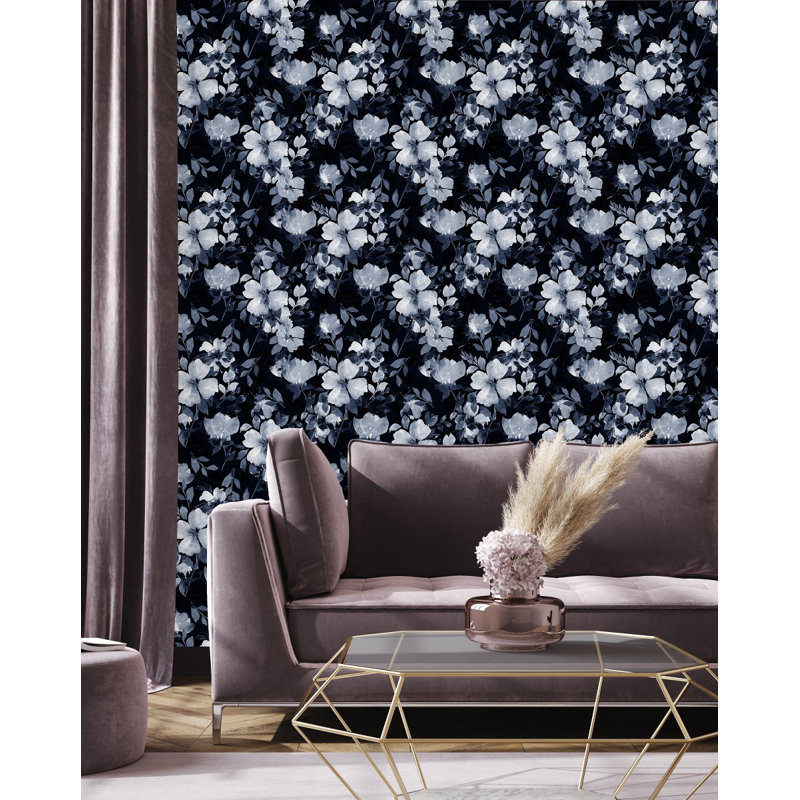 Dark Blue Wallpaper Floral Tile, 25" W x 125" L