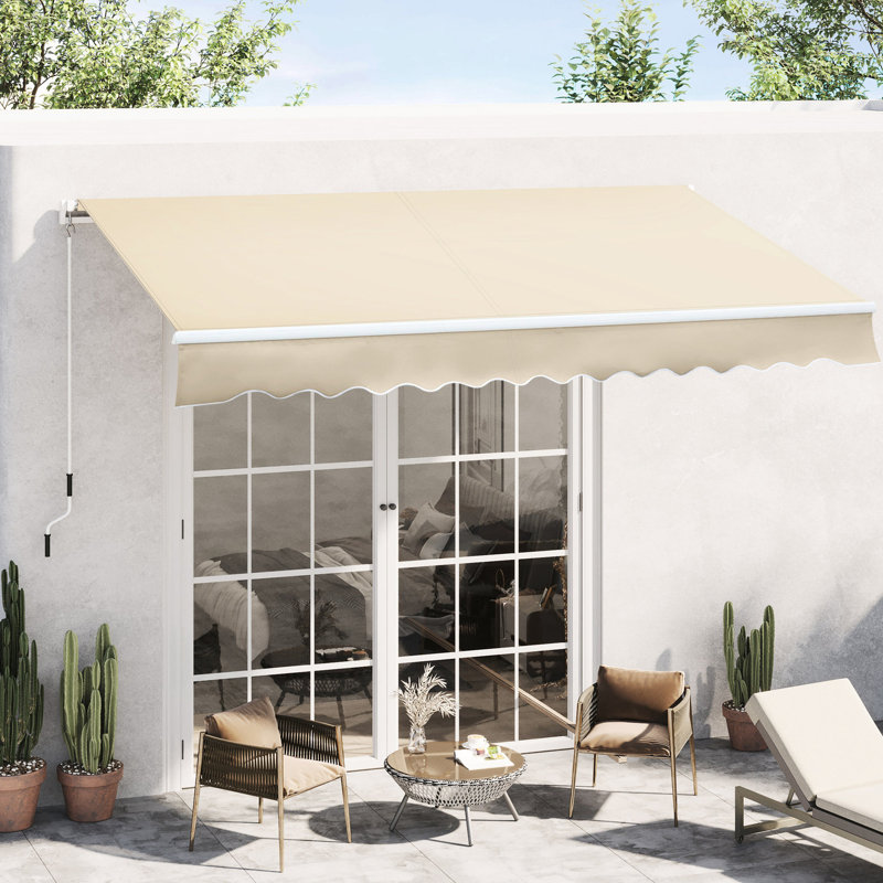 Auvent de terrasse rétractable 12 pi x 8 pi. Abri pare-soleil avec manivelle. 280 g / m² et eau - tissu. Cadre en aluminium pour terrasse, balcon, cour. Auvent de balcon blanc crème, poignée, tissu
