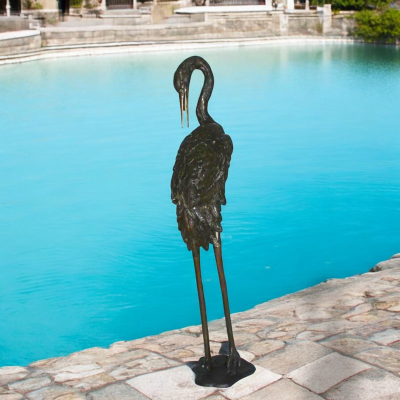 Statue de fontaine en bronze Crane Head Down - symbole de paix pour le jardin et le patio, L 10 po x l 9 po x H 44 po