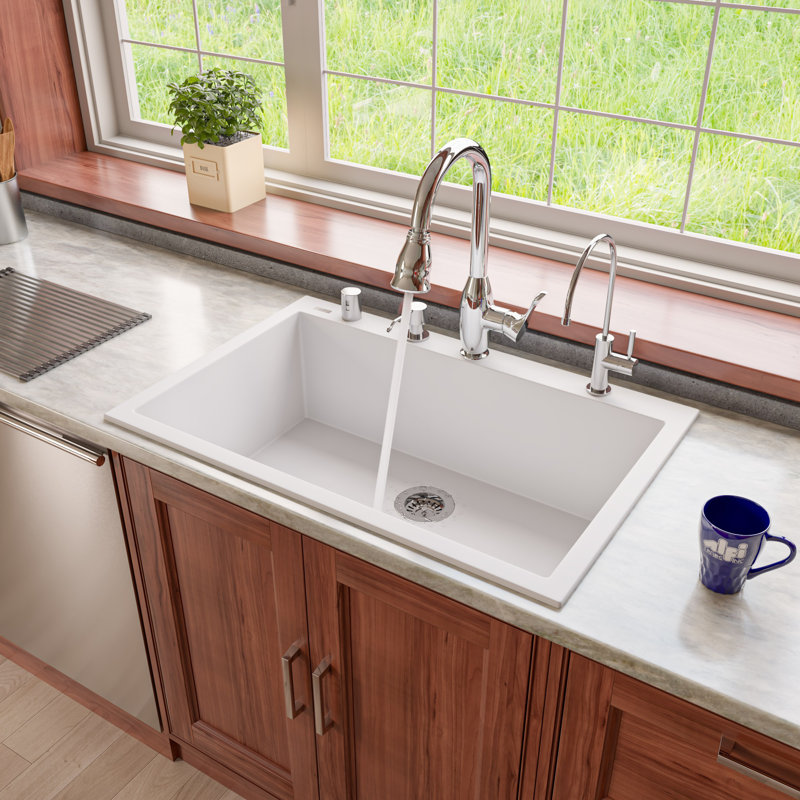 Évier de cuisine encastré en granite L 33 po x l 22 po, Blanc