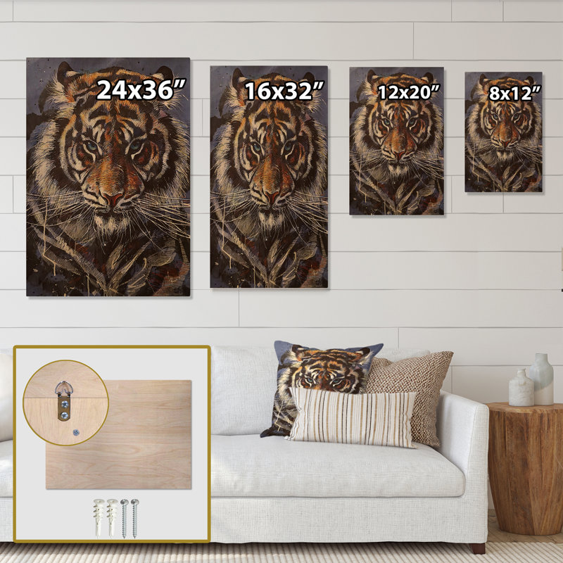 Dessin d'un tigre à la main - impression traditionnelle sur bois brun, H 20 po x l 12 po x P 1 po