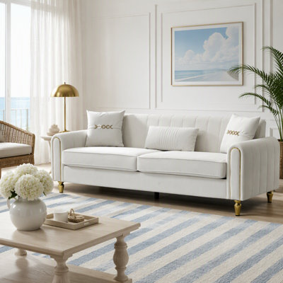 Comfortable Upholstered 3 Seater Sofa for Living Room with High Resilience Foam, Pocket Spring Seat, Decorative Pillows and Sturdy Legs
