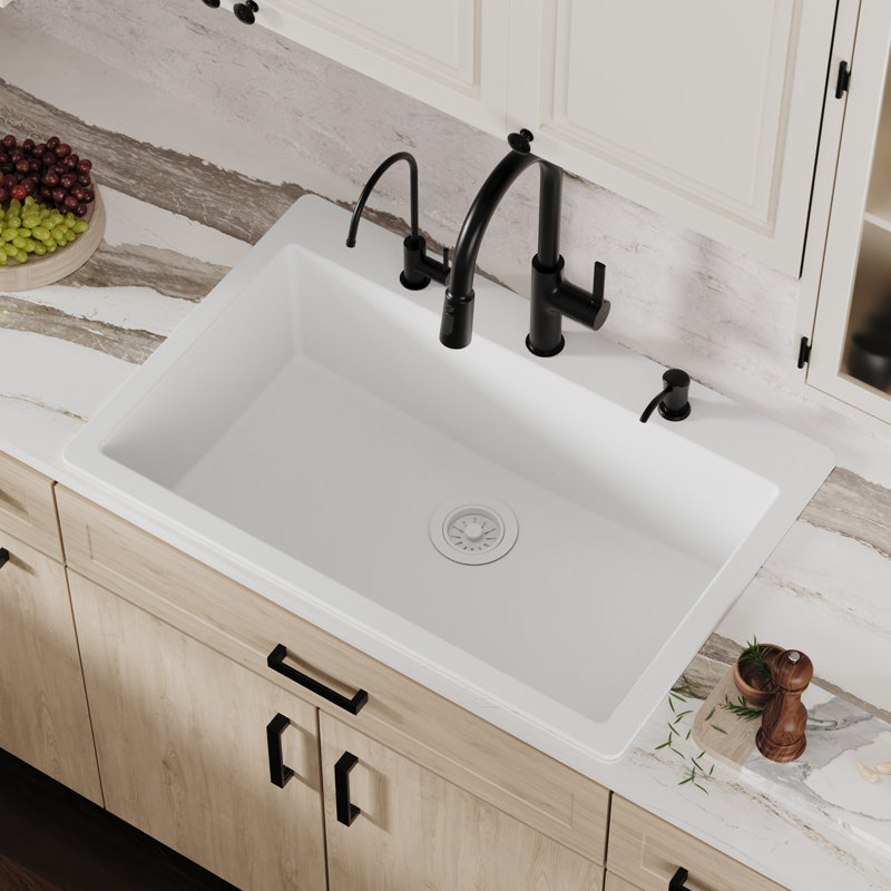 Évier de cuisine à simple cuve encastrable 33 po x 22 po Karran Quartz, Blanc