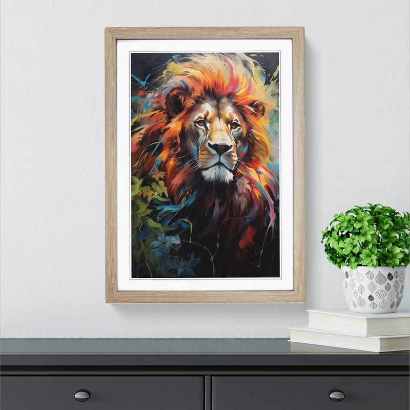 Lion Hard Edge - Single Picture Frame Print on Wood, 34cm H x 25cm W x 2cm D, Oak
