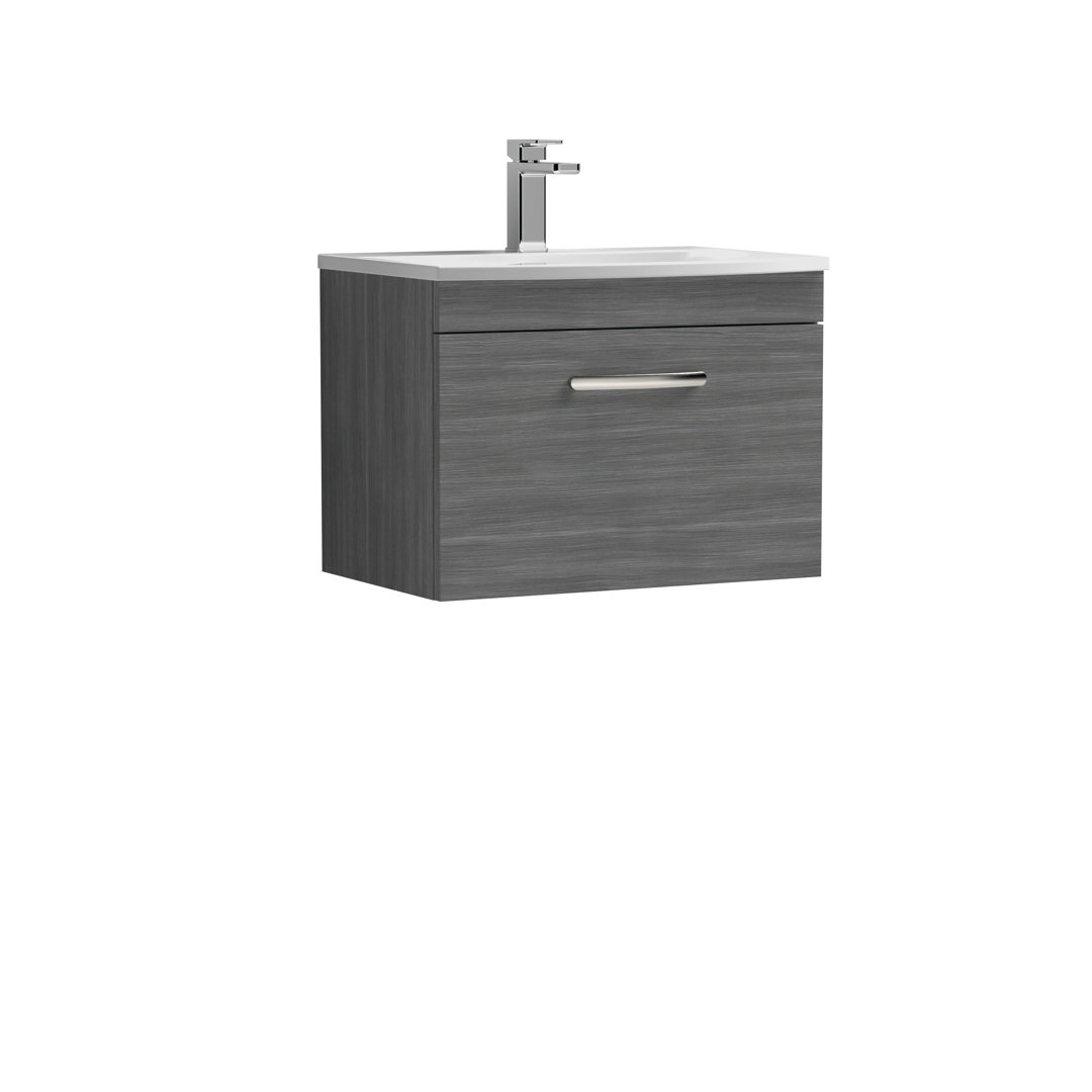 Nuie Athena 600 Wall Hung Vanity Unit - Grey Woodgrain - Single Drawer - Curved Basin - Image 2
