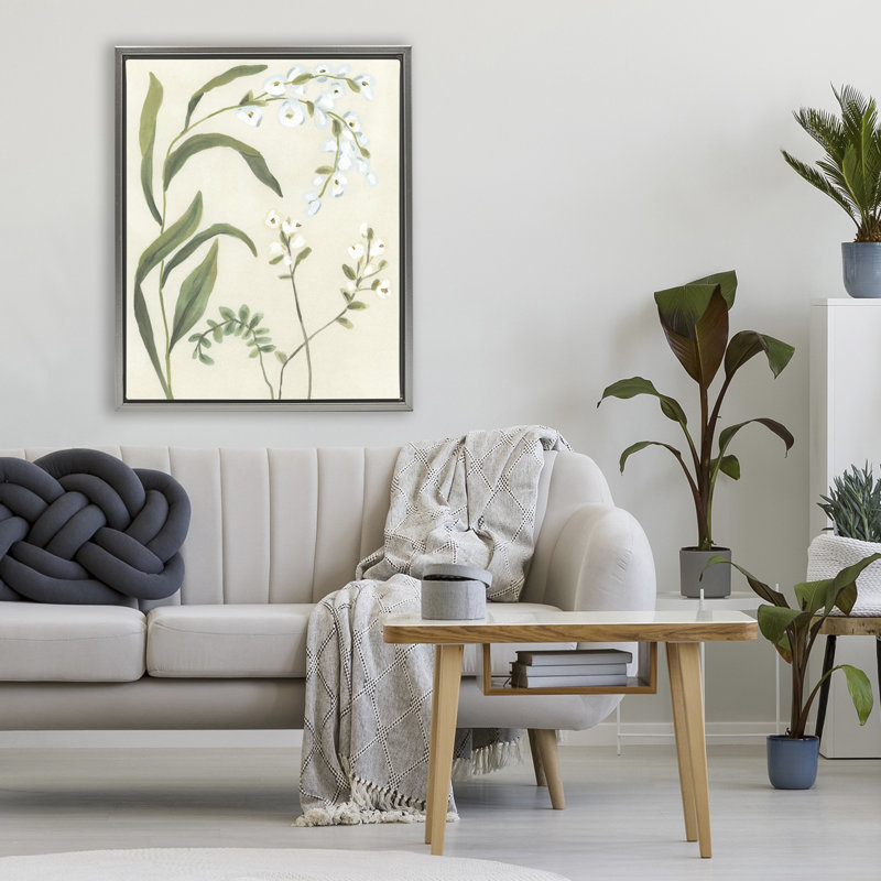 Cadre flottant Soft Snowdrop Stems, design par June Erica Vess, H 31 po x l 25 po, Cadre flottant gris lustré