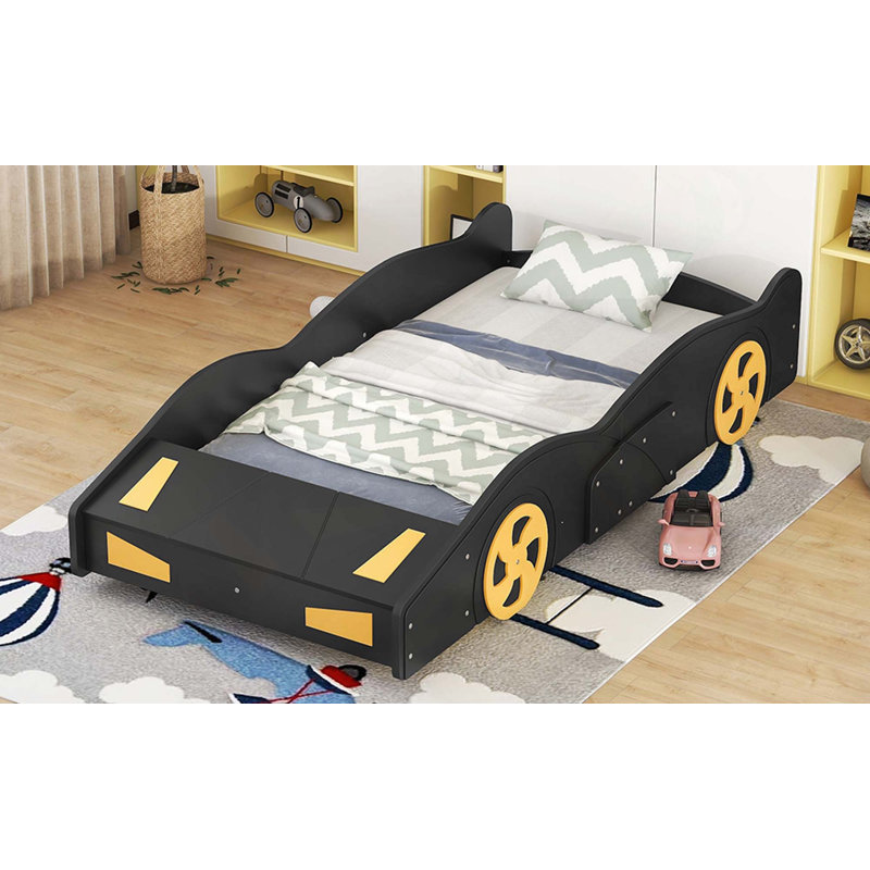 Lit plateforme en forme de voiture de course avec roulettes Espace de rangement robuste et design confortable, Lit simple