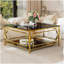 Table basse carrée en verre de 33,5 po, structure géométrique luxueuse en métal, finition dorée et tablette inférieure-104720400-150844951