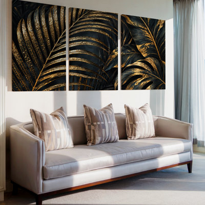 3 Pieces Exculisive Black and Antique Gold Palm Leaf Panorama Wall Art, Modern Canvas Decor for Living Room, Bedroom, Office and Home, Ready to Hang