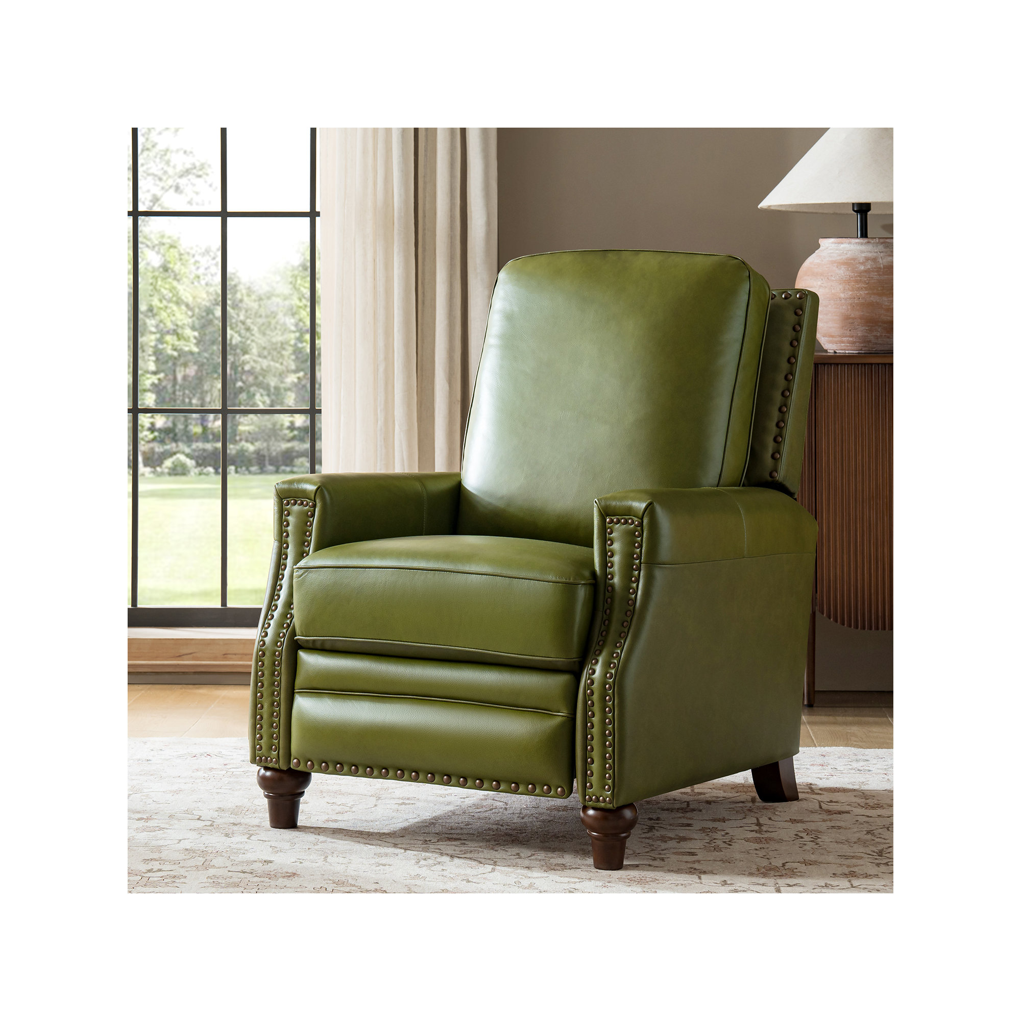 Andrena Genuine Leather Recliner with Nailhead Trim, Genuine Leather Olive