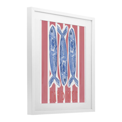 Americana Sardines on Pink Stripes Framed Print Under Glass, design by Nola James