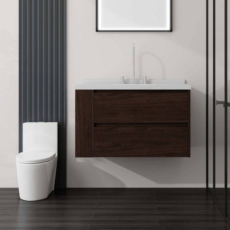 Meuble-lavabo flottant avec comptoir en marbre de culture et rangement à fermeture en douceur, Brown