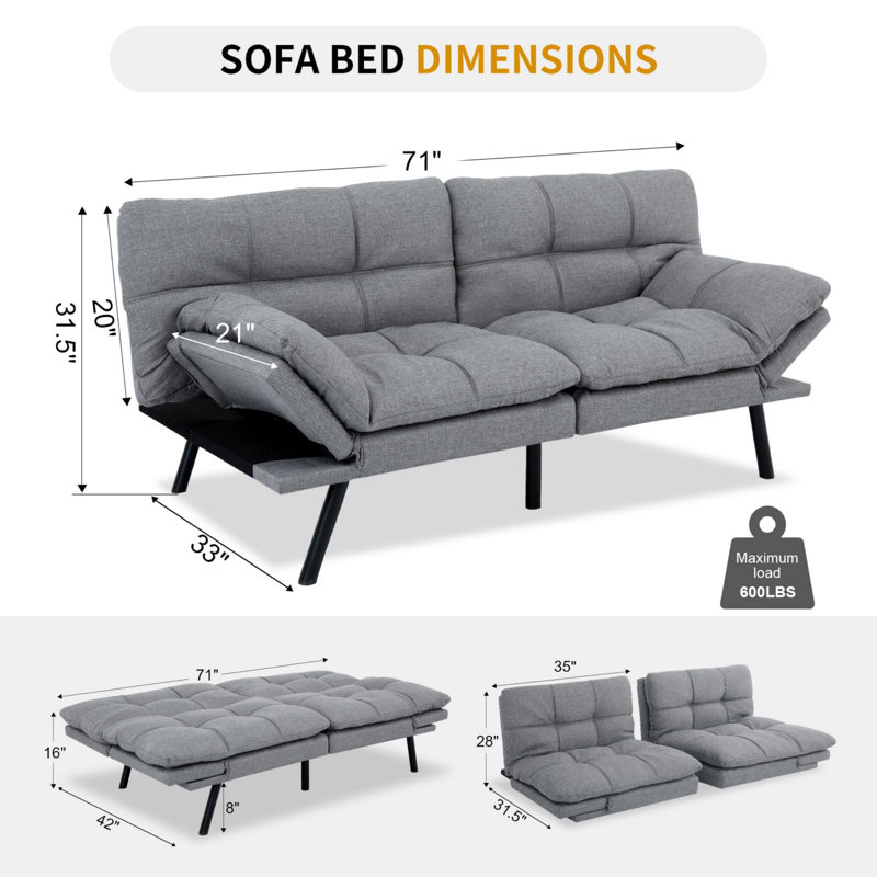 Canapé-lit convertible avec futon, causeuse compacte de 71 po, petit héros, tout confort, Similicuir gris pâle