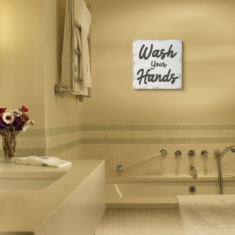 «Wash Your Hands Bathroom Neutral Gray Word Design», art textuel, H 17 po x l 17 po, Toile tendue