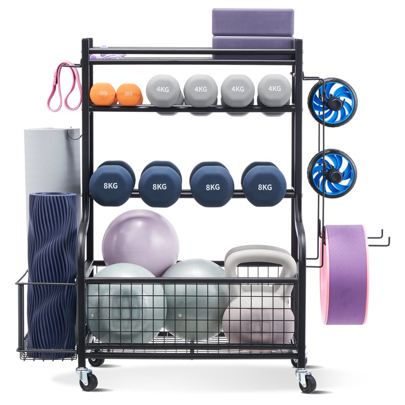 Yoga Mat Storage Rack, Powder Coated Finish Steel Yoga Mat Holder, Home Gym Workout Equipment Organizer With Hooks And Wheels, Weight Rack For Foam Roller, Dumbbell, Kettlebell, And Yoga Strap