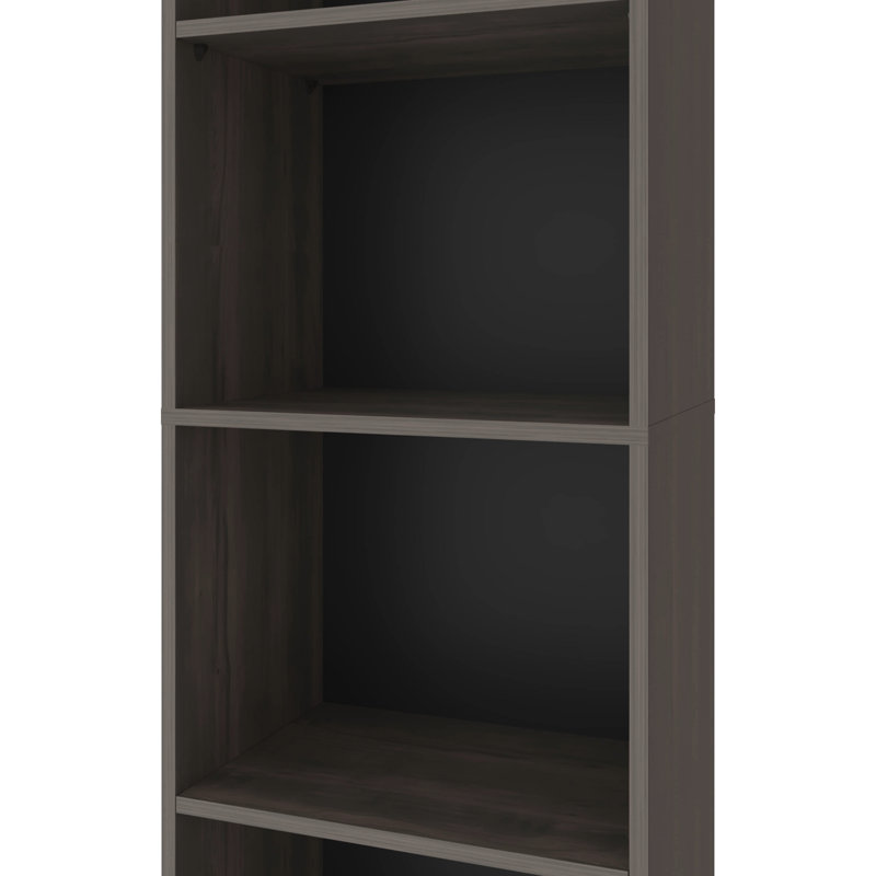 Bibliothèque à 5 tablettes en noyer teinté avec rangement ouvert à 4 niveaux, structure en bois, orientation verticale, dossier fermé, fabrication en panneau de particules