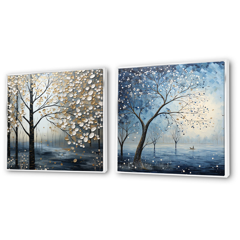 «Blue Forest Tranquility In Winter I», ensemble de 2 impressions sur toile, Cadre blanc, H 36 po x l 73 po x P 1,5 po