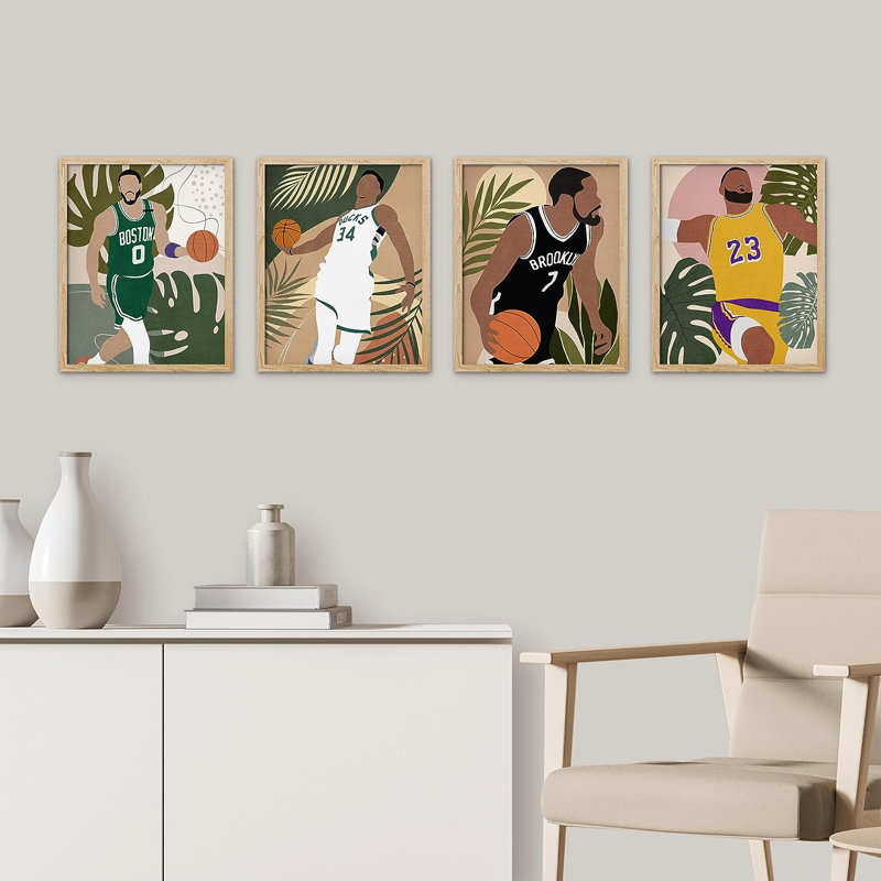 «Basketball Player Jungle Leaves», impression encadrée de 4 pièces, H 10 po x l 8 po x P 1 po, Encadré naturel