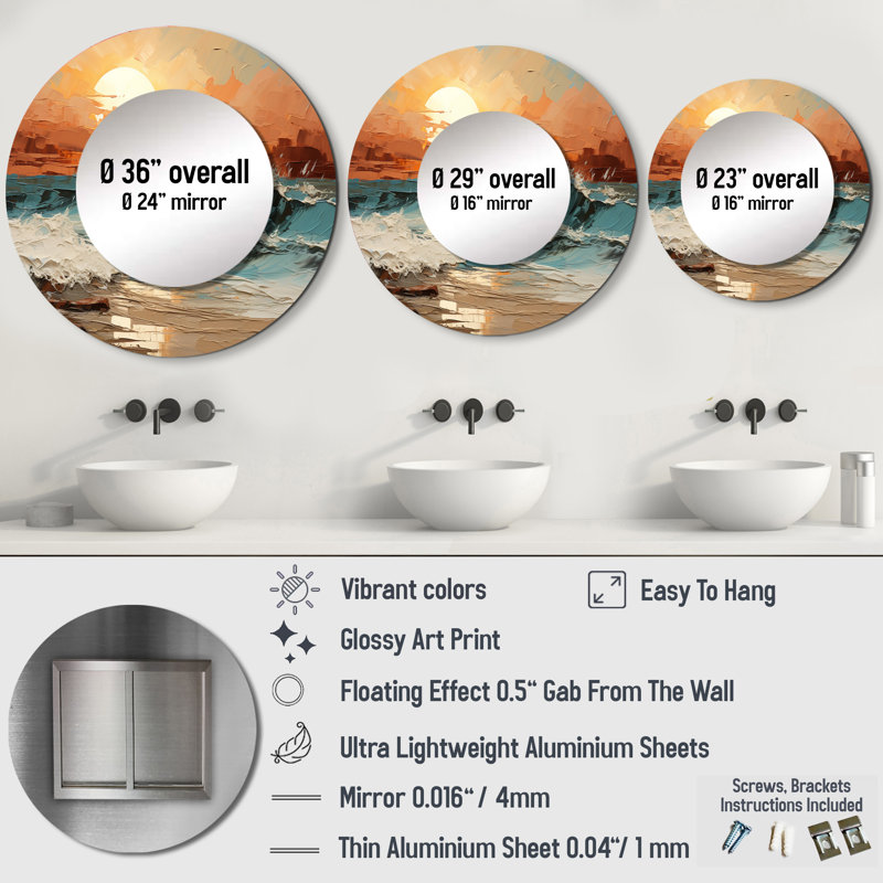 Bold Beach Sunset Scenery I - Coastal Sunset, grand miroir mural rond rouge, reproduction d'art en métal, 29 po x 29 po