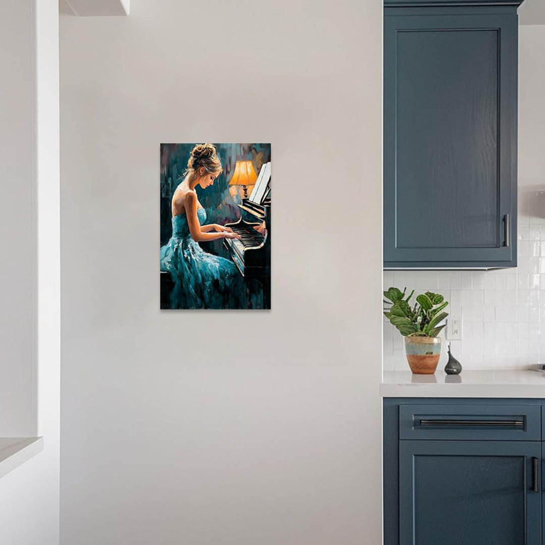 Black Girl Wall Art Female Playing Piano Pictures Black Woman Music Canvas Prints African American Paintings Music Club Decor Framed(Green,16L x 20W)