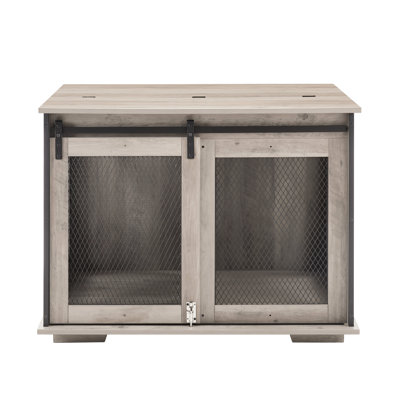 Style Dog Cage With Side Compartment And Removable Divider, Gray Wash Functional Metal Bars Flip-top Plate For Small/medium Dogs,