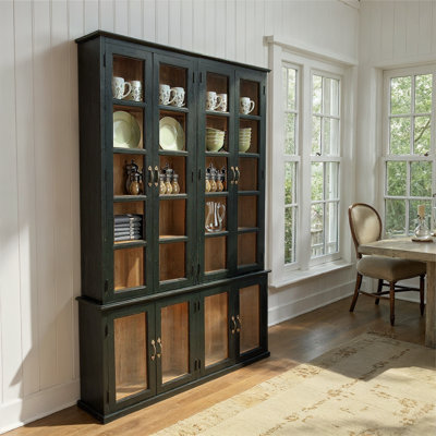 Harlow Mango Wood and Glass 2-Piece Cabinet with 8 Doors and 6 Shelves, Black and Natural