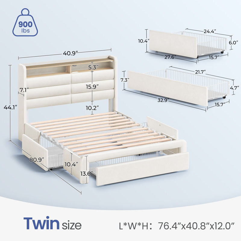 Bed Frame with 4 Storage Drawers and LED Lights, Upholstered Bed with Headboard and Charging Station, Twin/Single, White