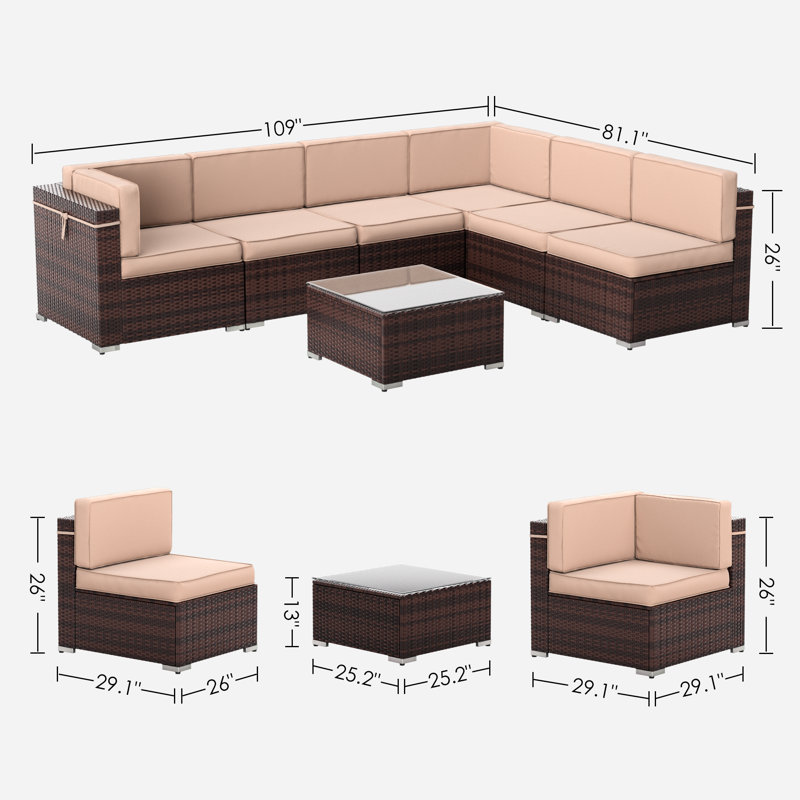 Ensemble de conversation modulaire en rotin 7 pièces avec coussins Keyala, Kaki