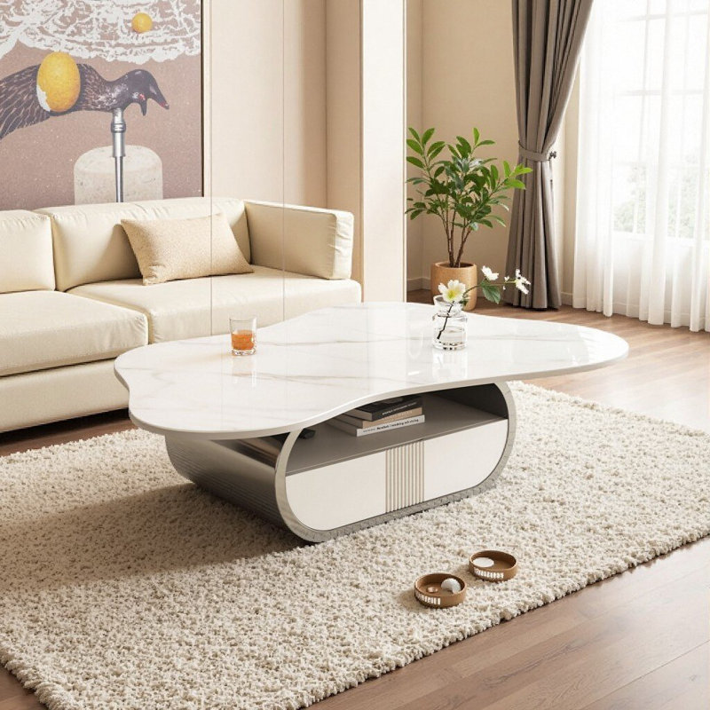 Table basse moderne avec plateau en pierre frittée, tablette de rangement et tiroir Modern Steel, Gris + blanc