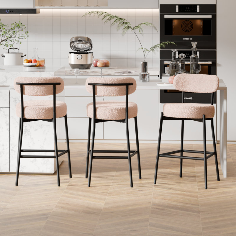 Sherpa Counter Height Bar Stools Set of 2 Modern Upholstered Barstools with Curved Open Back/Round Seat Boucle Comfortable Bar Chairs for Kitchen Island, 24.6 Inch