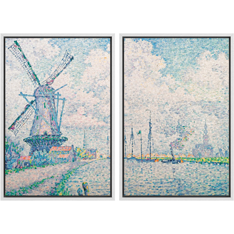 «Vintage Windmill & Coastal Scene Prints Impressionistic Nature Wilderness Illustration Decor», 2 pièces sur toile