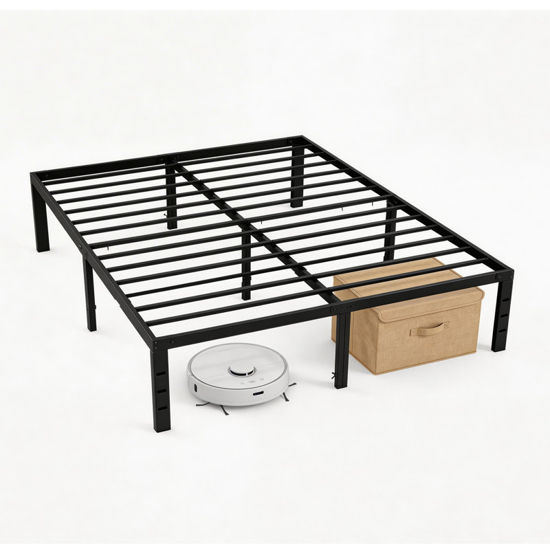 Lutherville 16'' Black Metal Platform Bed Frame With Steel Slat Support, No Box Spring Needed, Full, 16"