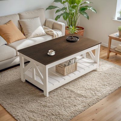 Table basse à deux niveaux avec tablette de rangement ouverte, plateau en bois brun et piètement en lin blanc, table basse suspendue pour salon