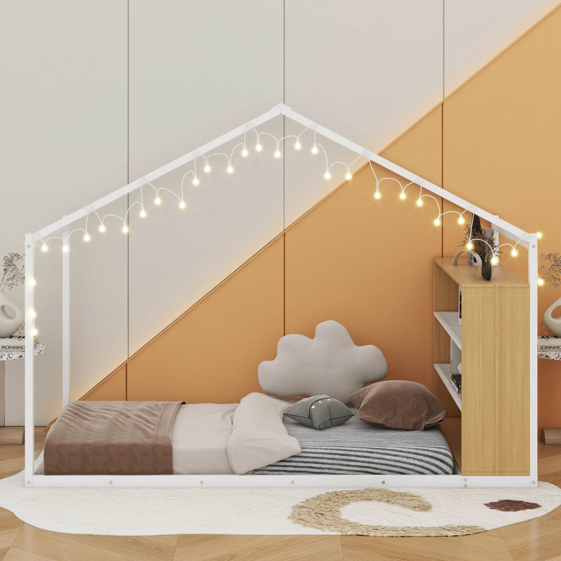 Lit en métal avec lumières et tablettes, Lit simple, Blanc