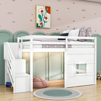 Lit mezzanine simple avec escalier de rangement et fenêtre Hanzelin