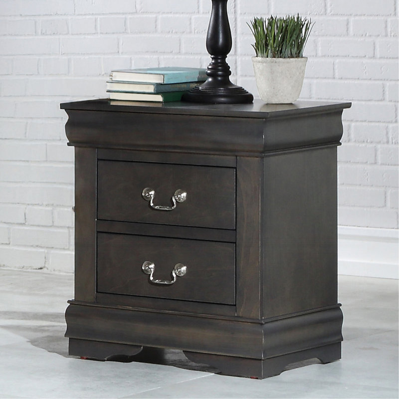 Solid Pine Nightstand With 2 Drawers, Dark Gray