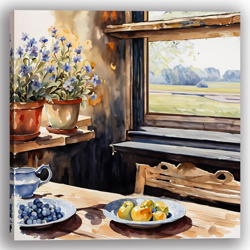 «Rustic Window View with Pots Flowers and Fruit on Table», art mural sur toile tendue, H 12 po x l 12 po x P 1 po