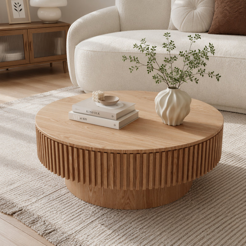 Table basse ronde avec rangement Table basse moderne en placage de bois massif, L 31,5 po, Bois naturel